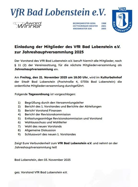 Einberufung der Jahreshauptversammlung 2025 mit Vorstandswahlen